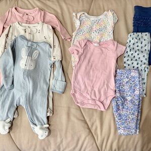 8 pc bundle, pink and blue onesies and pants